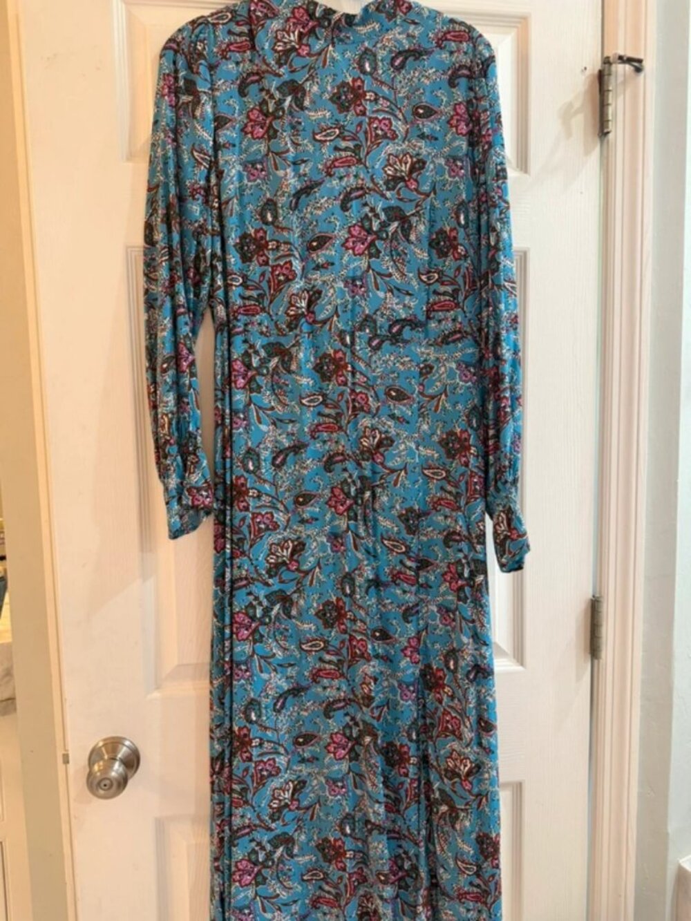 LOFT Teal Floral Long-Sleeve Maxi Dress with Pink and Brown Accents